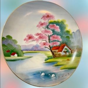 Vintage Ucagco China Occupied Japan Decorative Wall Plate Swans & Lake House